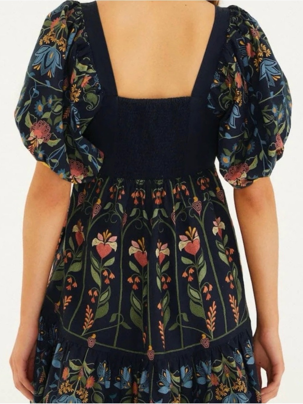 FARM Rio Navy Floral Puff-Sleeve Mini Dress with Pink & Green Embroidery - Picture 2 of 4
